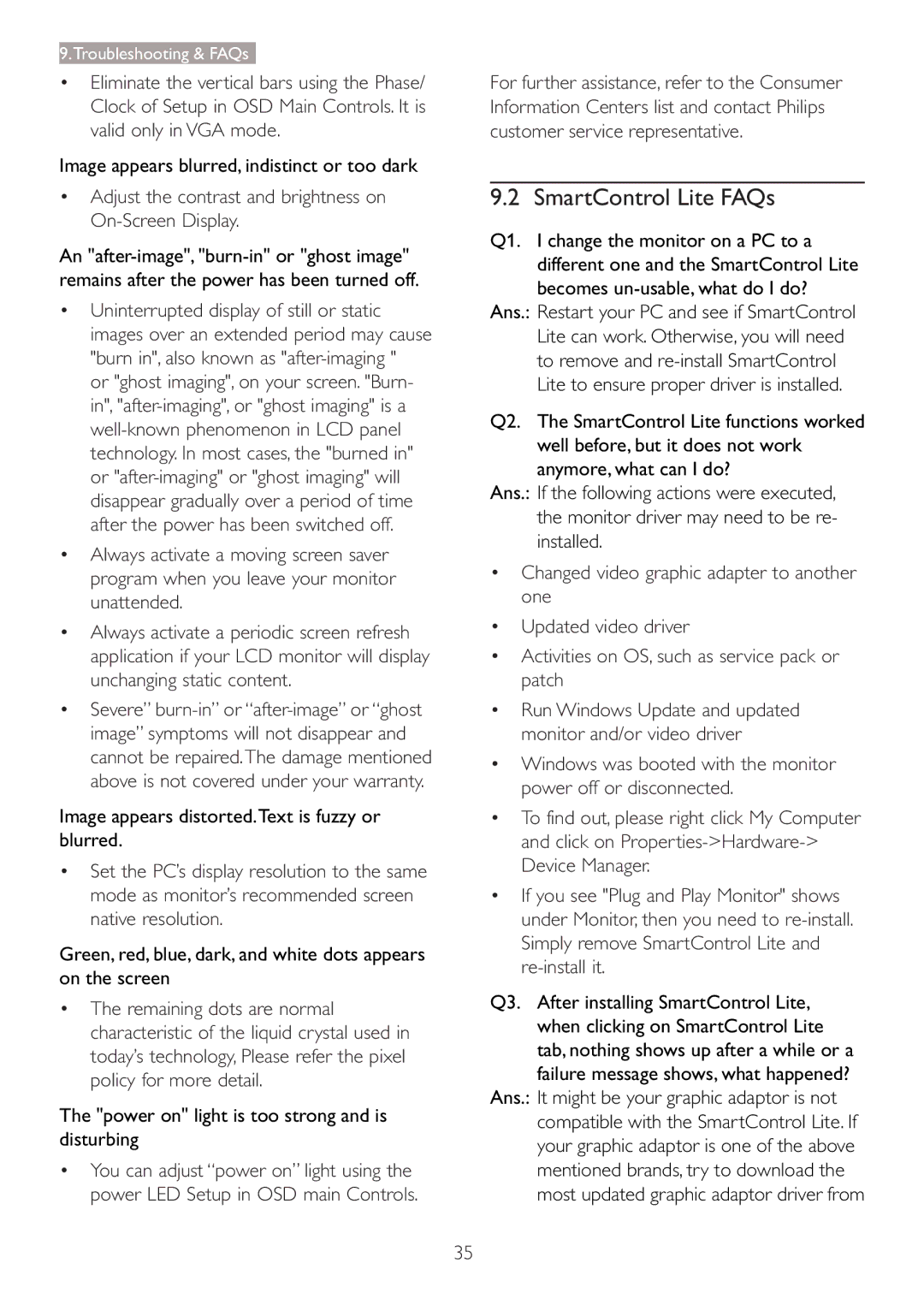 Philips 227E3L user manual SmartControl Lite FAQs, Image appears blurred, indistinct or too dark 