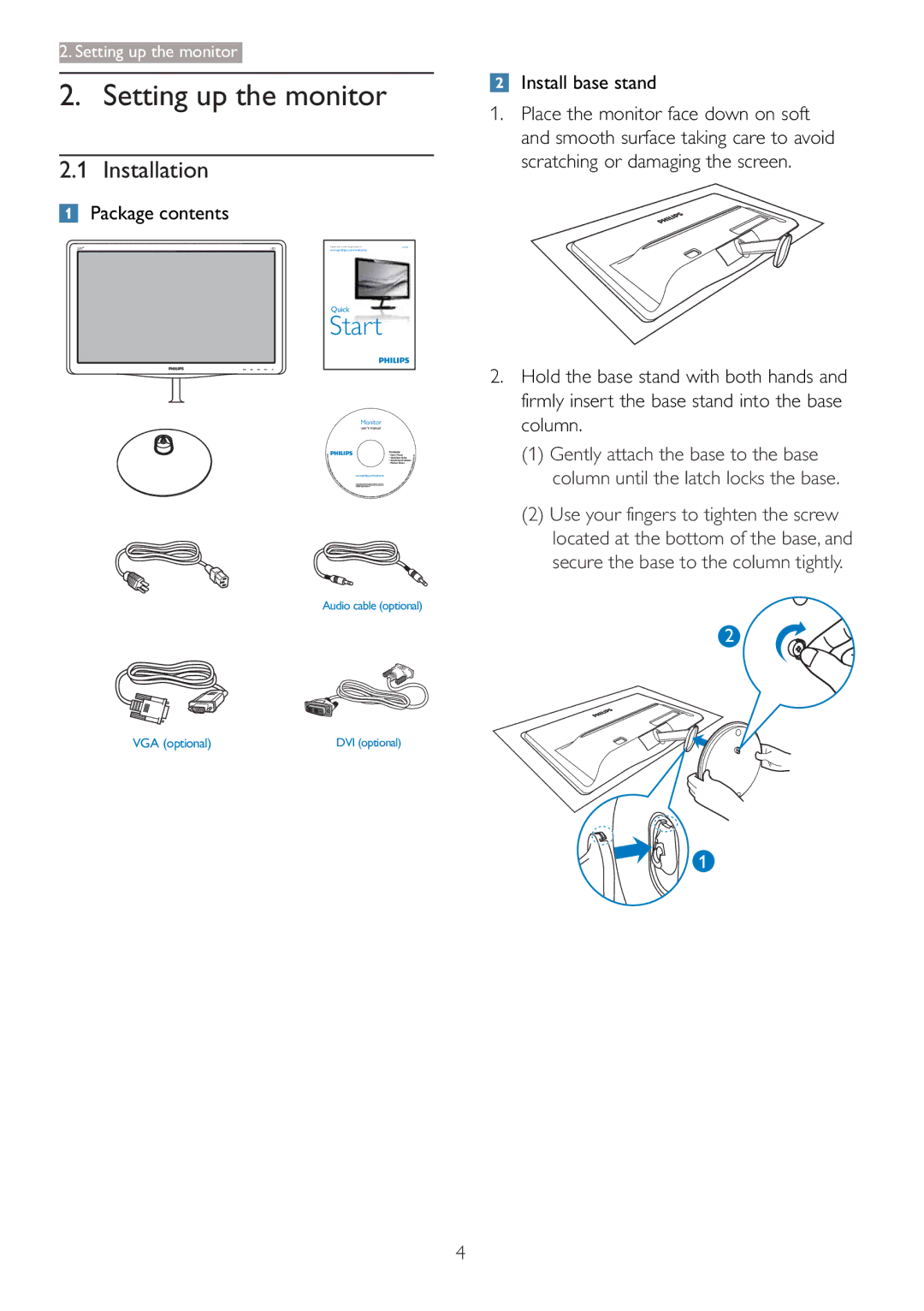 Philips 227E3L user manual Setting up the monitor, Installation, Package contents, Install base stand 