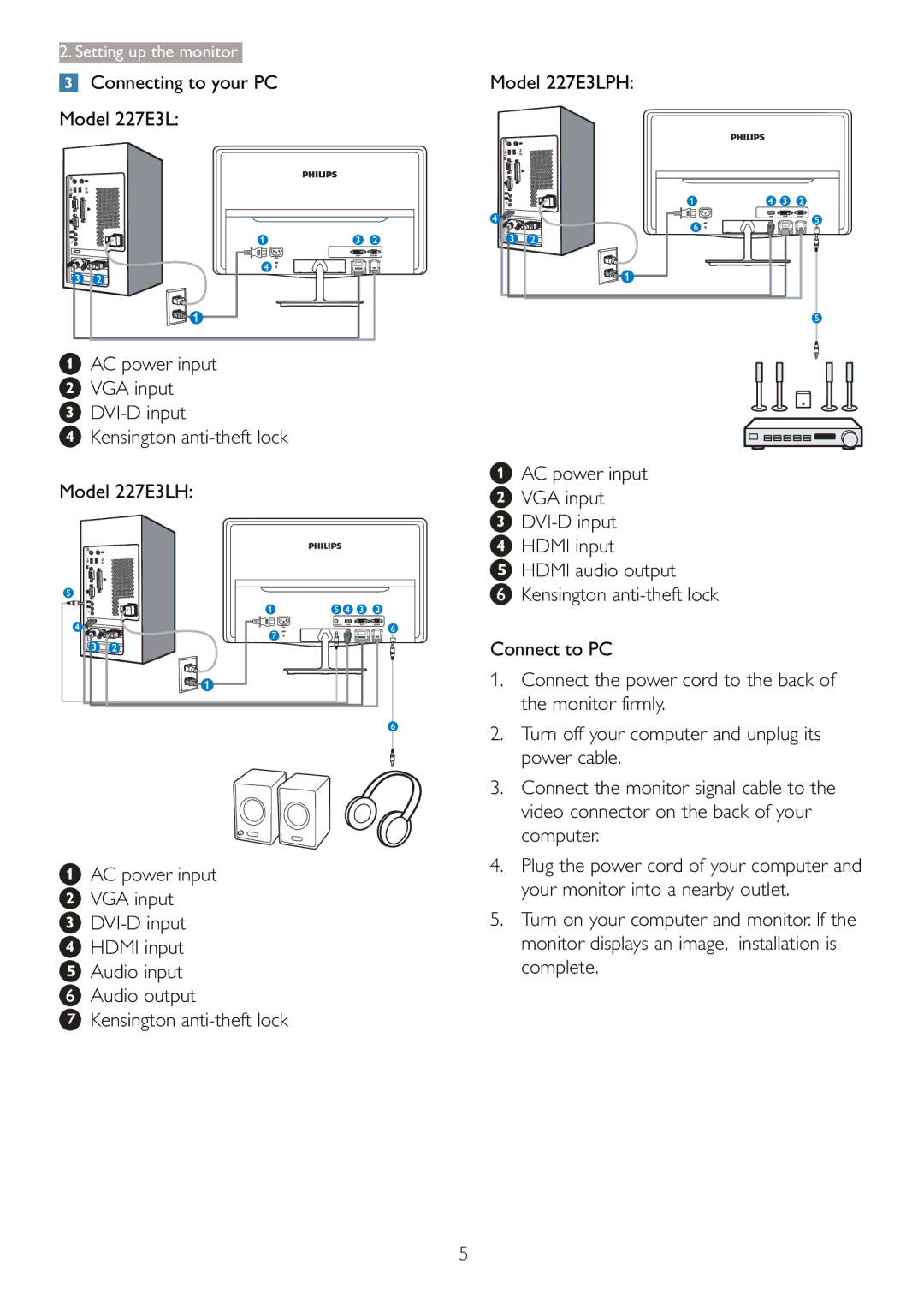 Philips 227E3L user manual Connecting to your PC 