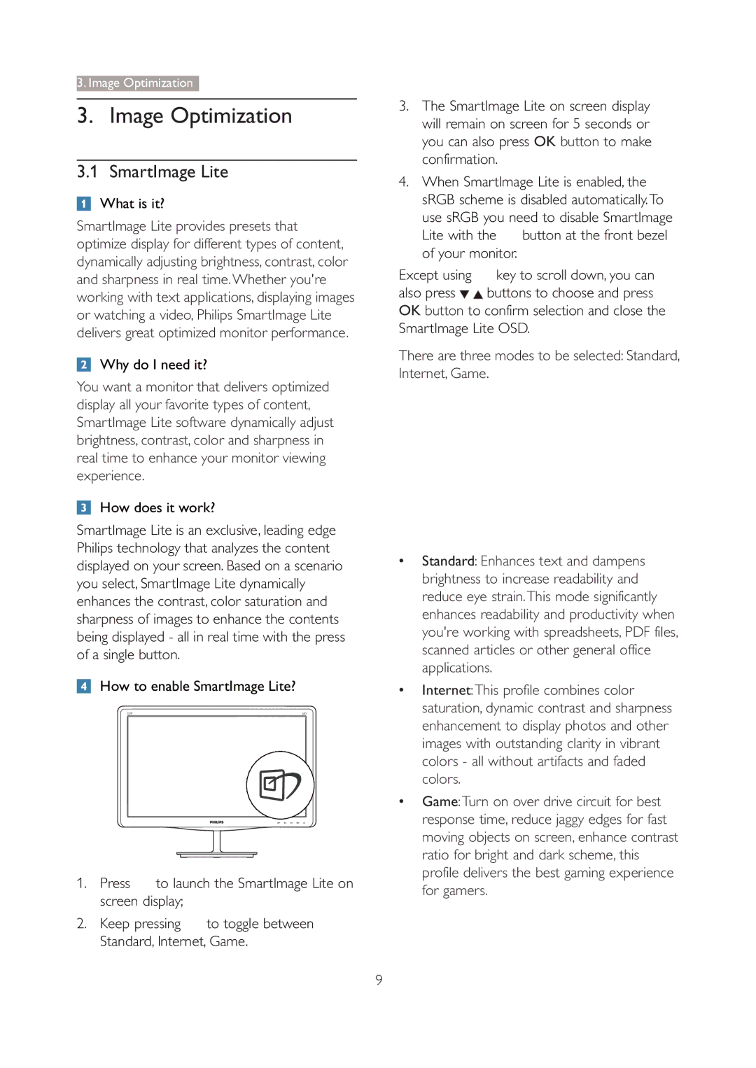 Philips 227E3Q user manual Image Optimization, SmartImage Lite 