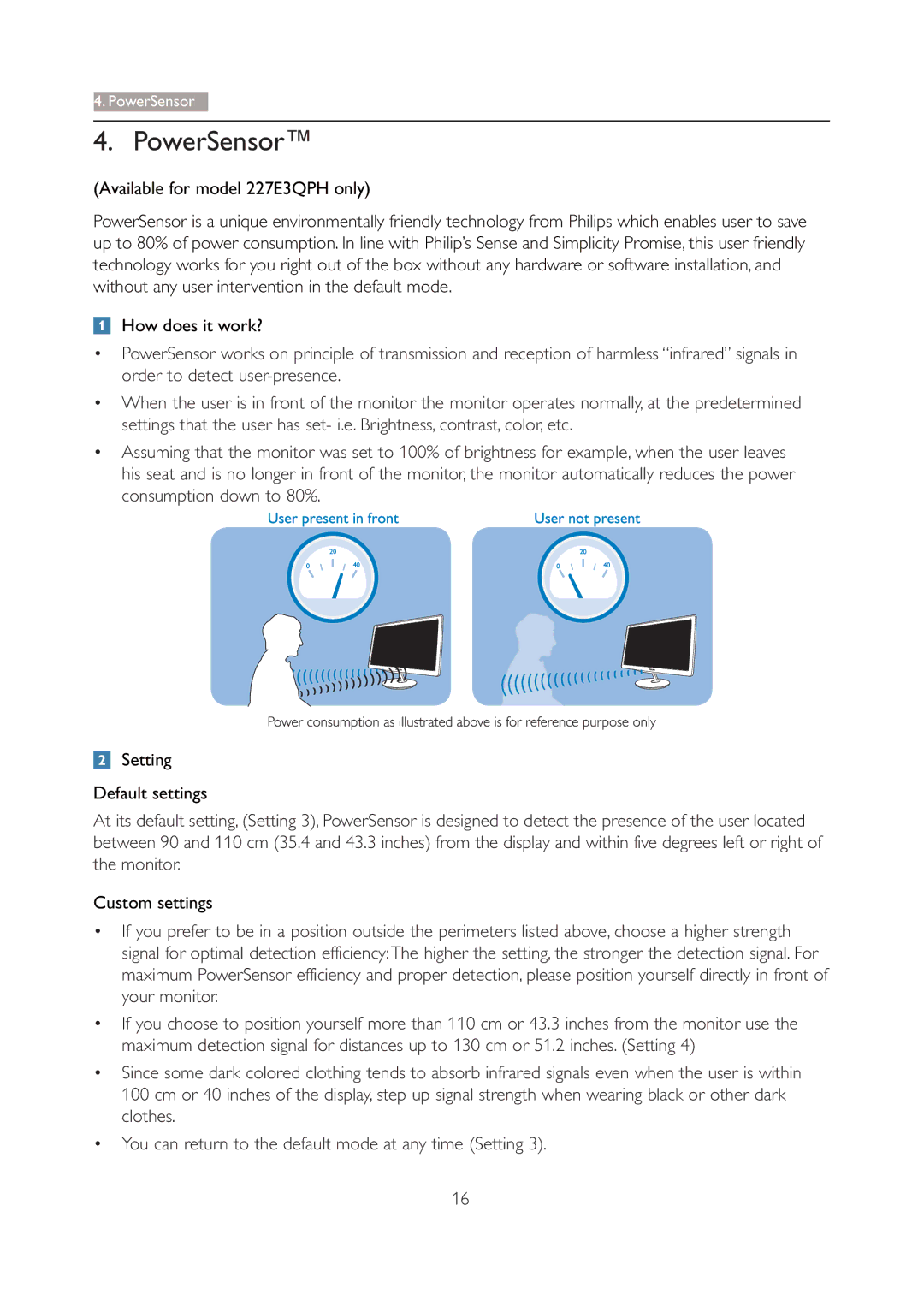 Philips user manual PowerSensor, Available for model 227E3QPH only, Setting Default settings, Custom settings 