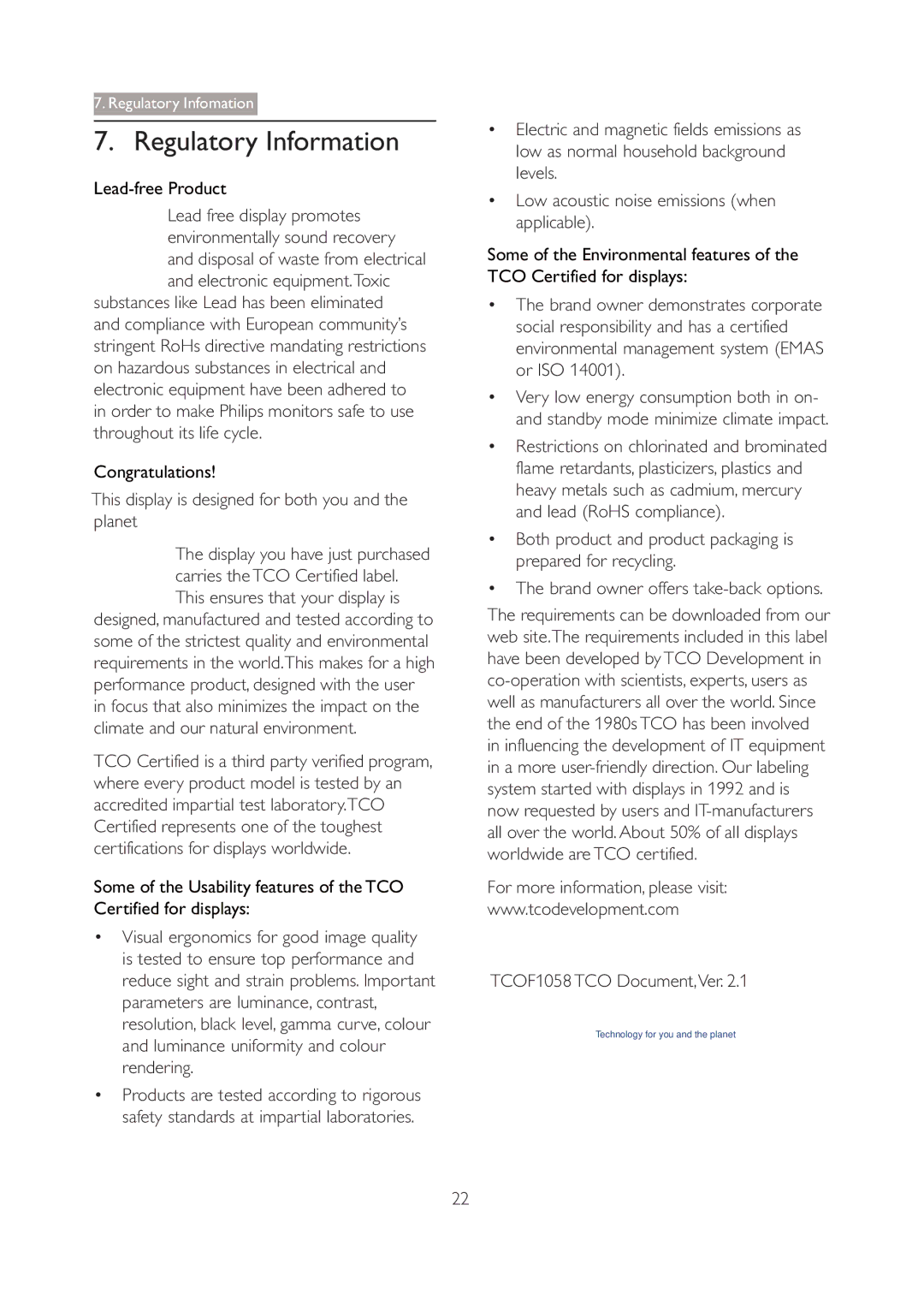 Philips 227E3Q user manual Regulatory Information, Lead-free Product, Congratulations, Brand owner offers take-back options 