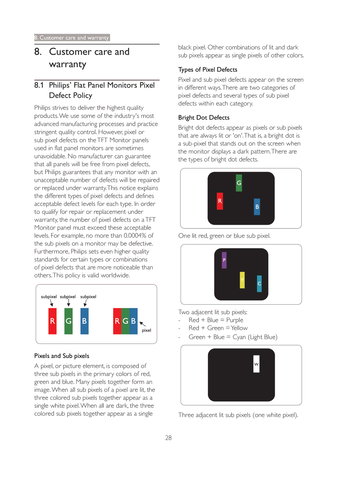 Philips 227E3Q Customer care and warranty, Philips’ Flat Panel Monitors Pixel Defect Policy, Pixels and Sub pixels 
