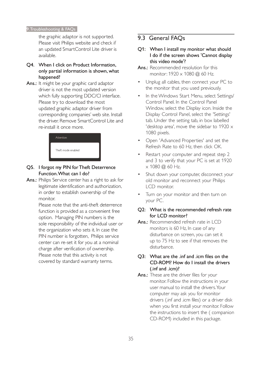 Philips 227E3Q user manual General FAQs, Q2 What is the recommended refresh rate for LCD monitor? 