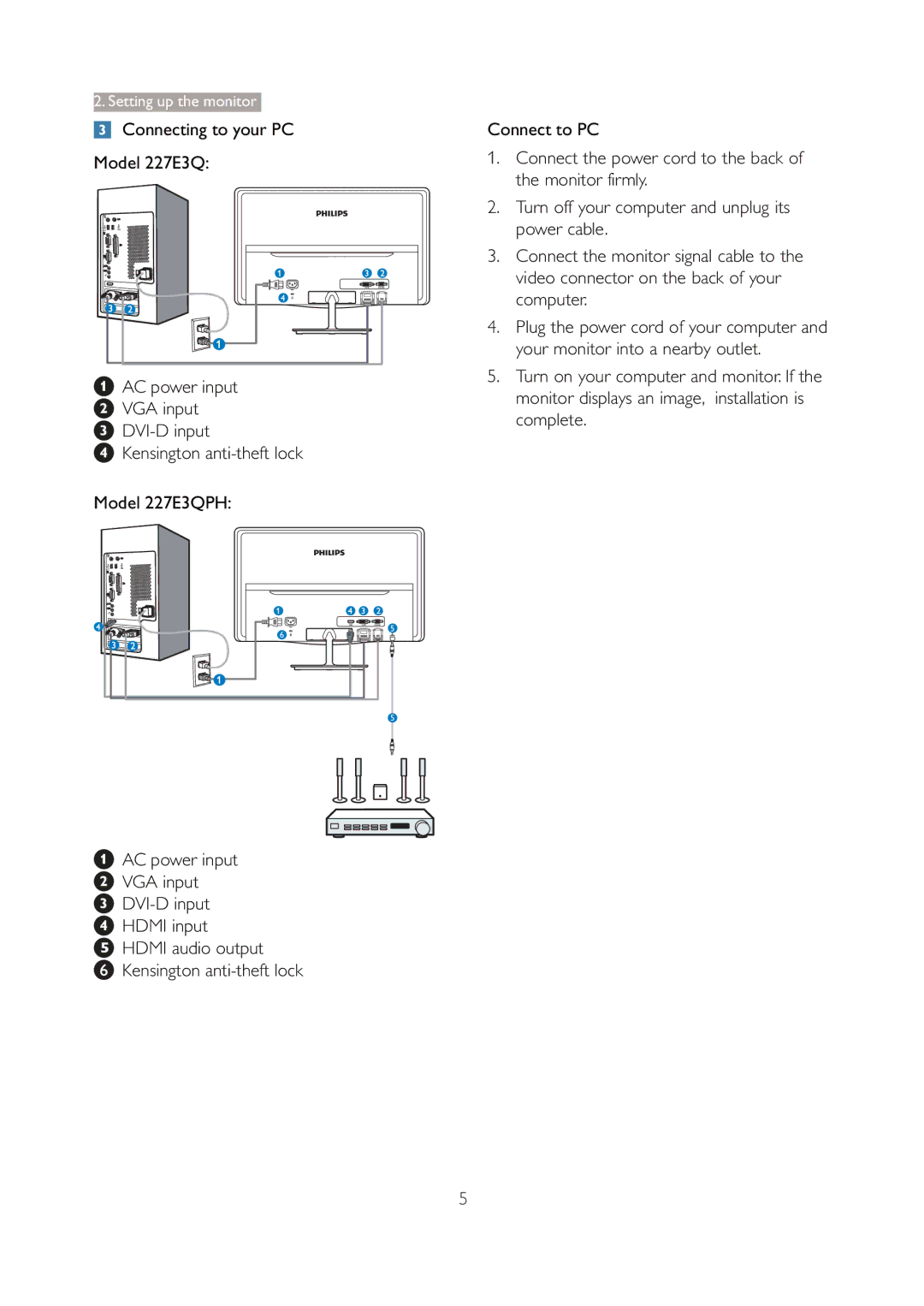 Philips 227E3Q user manual Setting up the monitor 