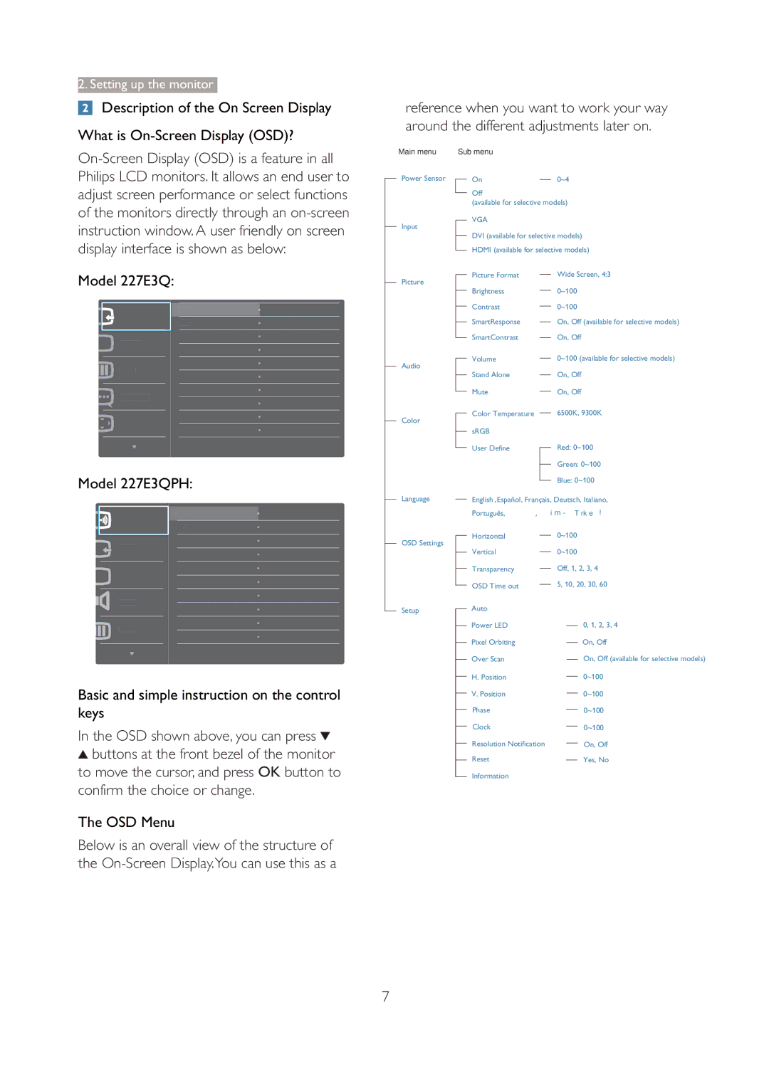 Philips 227E3Q user manual OSD Menu, Sub menu 