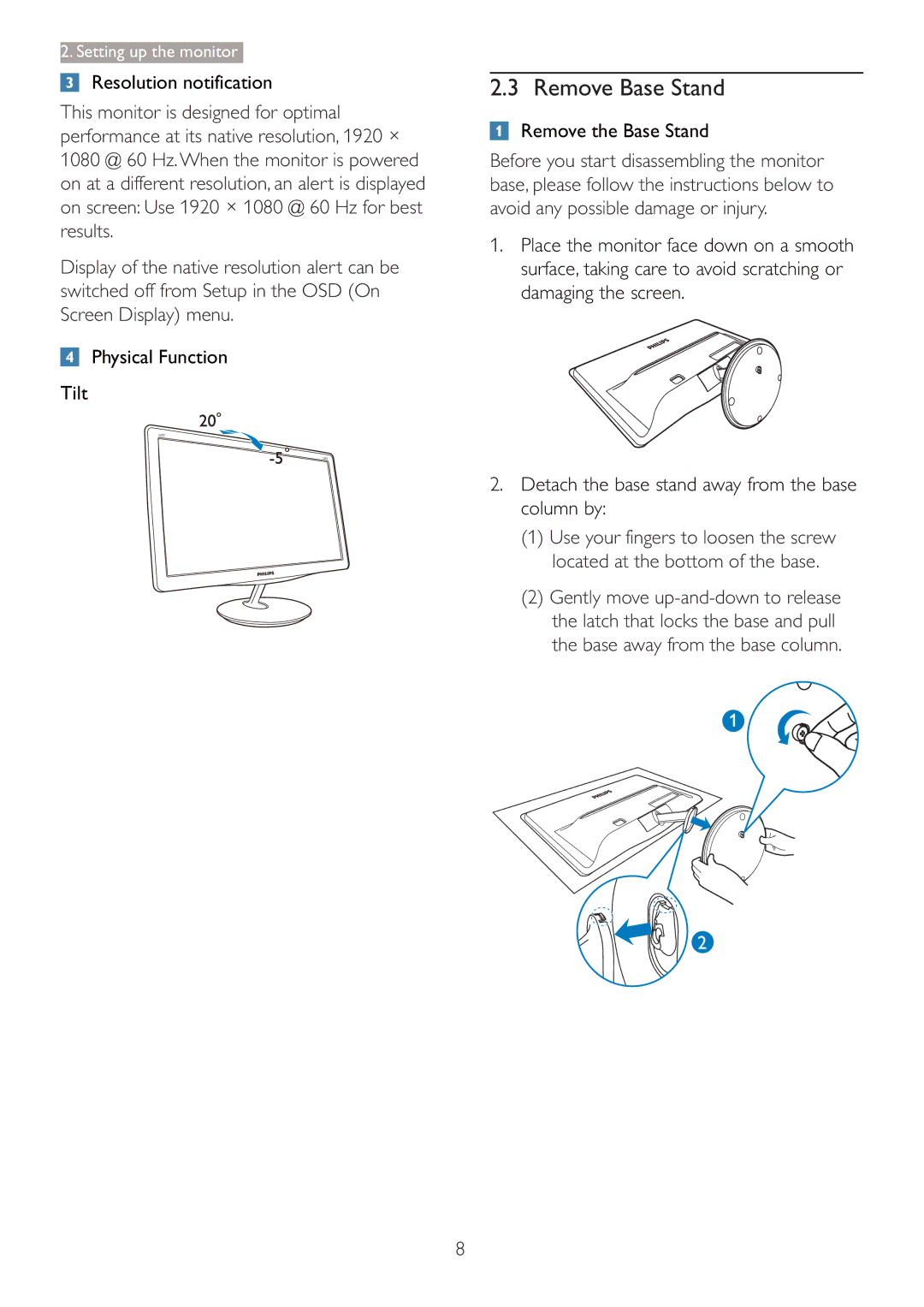 Philips 227E3Q user manual Remove Base Stand, Resolution notification, Physical Function Tilt, Remove the Base Stand 