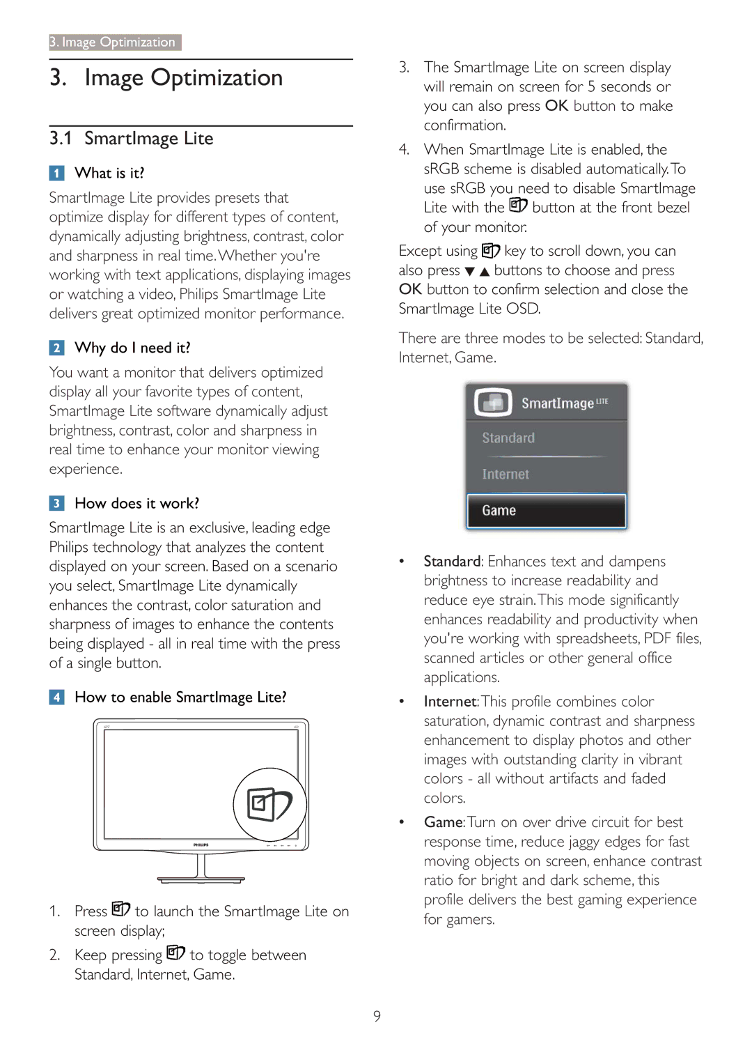 Philips 227E3Q user manual Image Optimization, SmartImage Lite, What is it?, Why do I need it?, How does it work? 