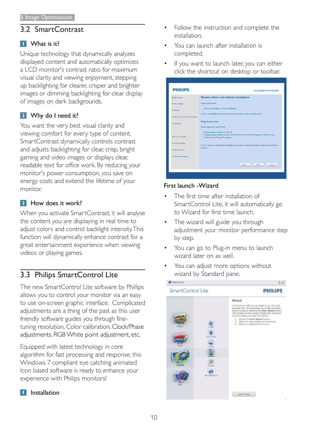 Philips 227E3Q user manual SmartContrast, Philips SmartControl Lite, Installation, First launch -Wizard 