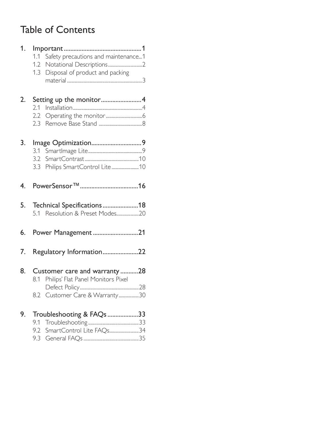 Philips 227E3Q user manual Table of Contents 