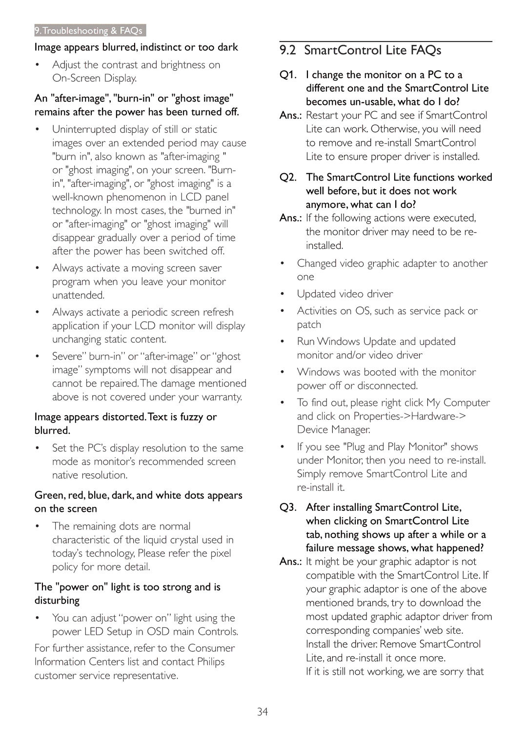 Philips 227E3Q user manual SmartControl Lite FAQs, Adjust the contrast and brightness on On-Screen Display 