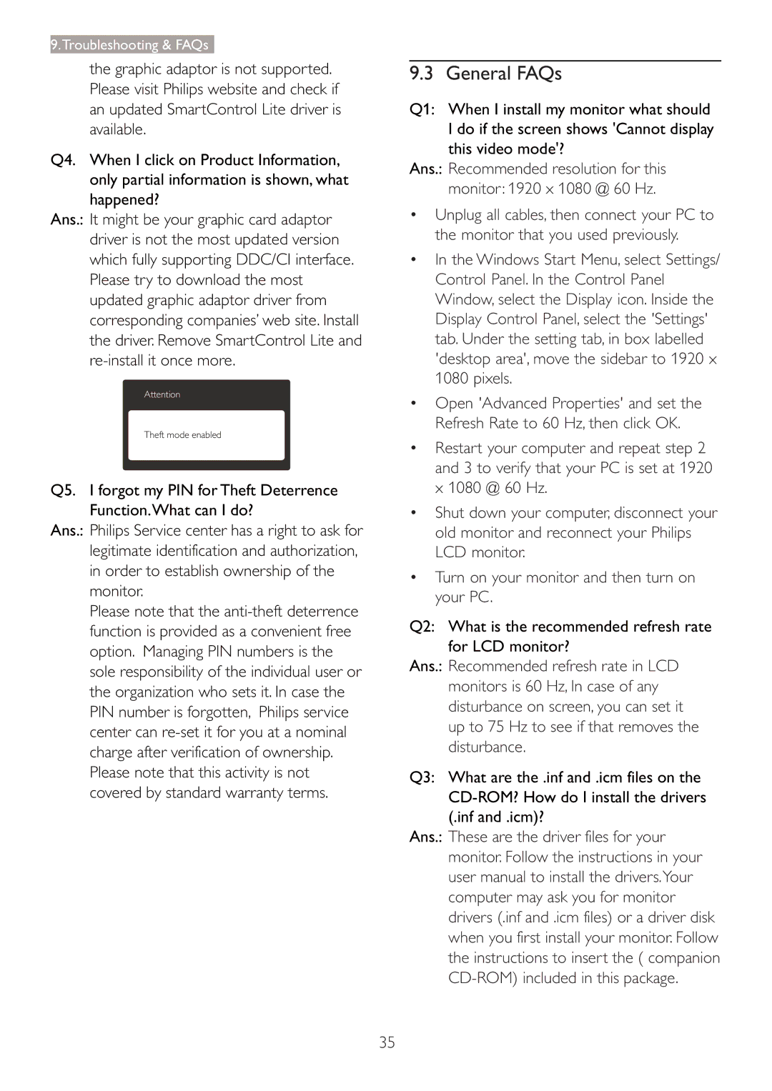 Philips 227E3Q user manual General FAQs, Q2 What is the recommended refresh rate for LCD monitor? 