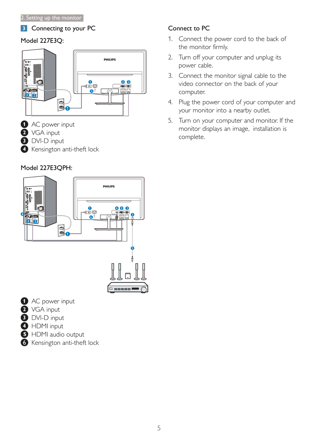 Philips 227E3Q user manual Setting up the monitor 