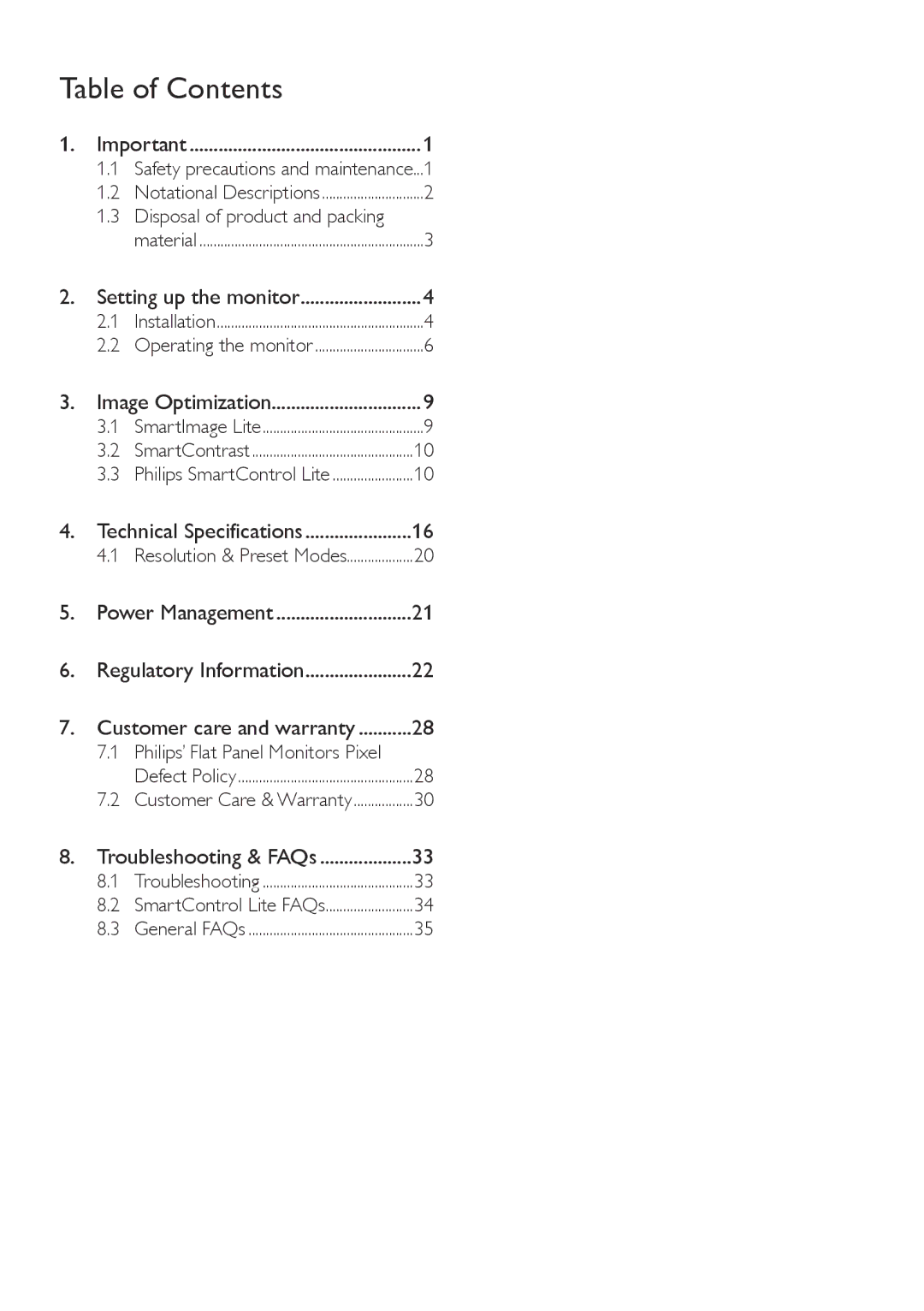 Philips 227E4LSB warranty Table of Contents 