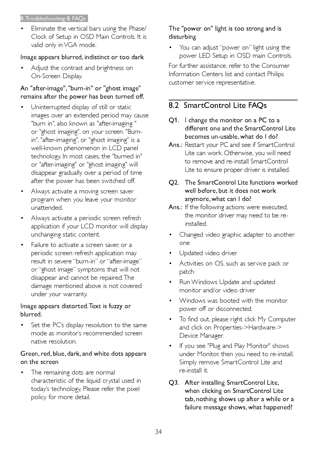 Philips 227E4LSB warranty SmartControl Lite FAQs, Image appears distorted.Text is fuzzy or blurred 