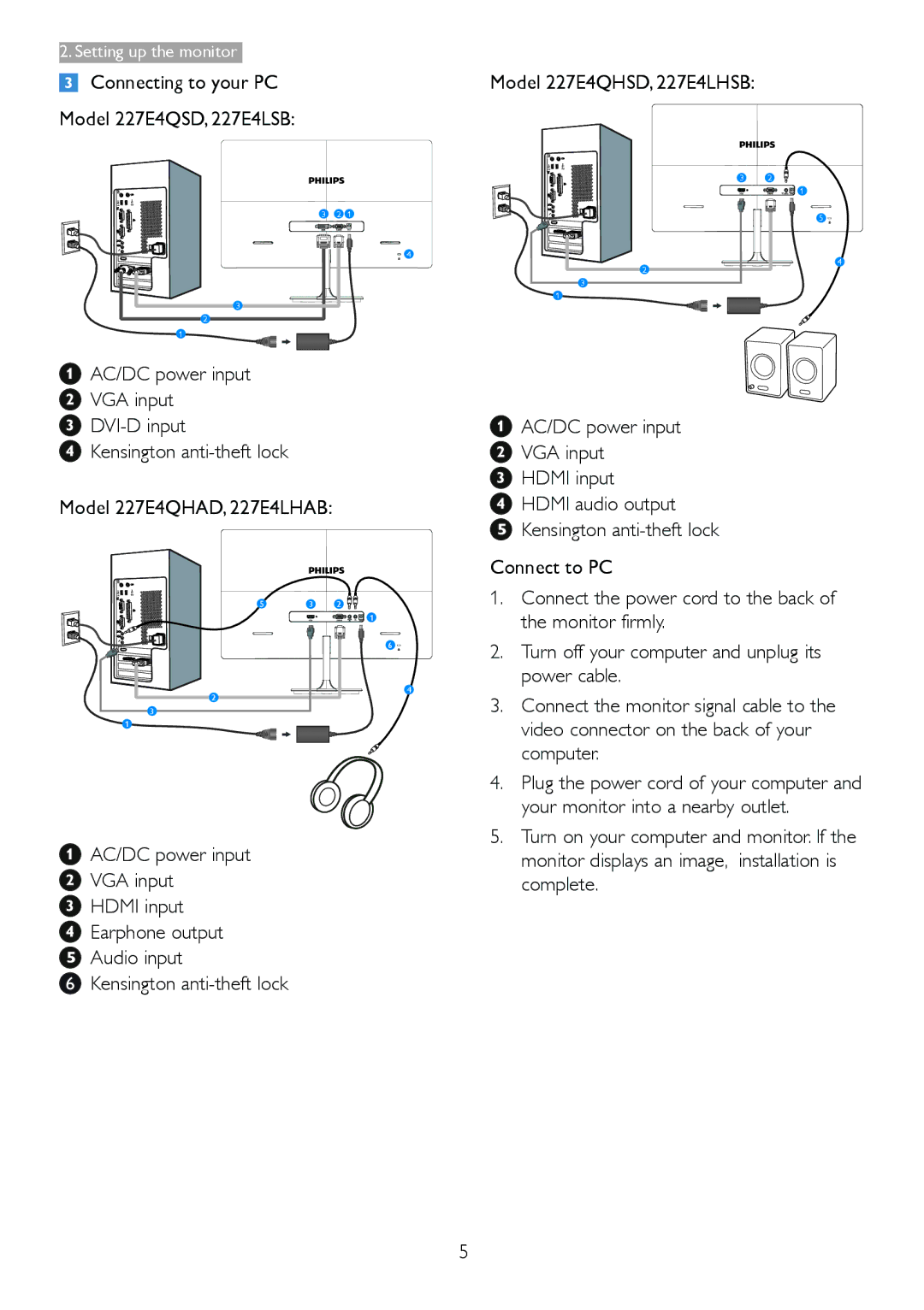 Philips 227E4LSB warranty Monitor firmly, Power cable, Video connector on the back of your, Computer, Complete 