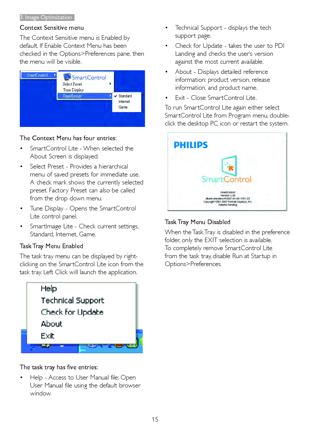 Philips 227E4LSB/27 warranty Context Sensitive menu, Exit Close SmartControl Lite, Task Tray Menu Disabled 