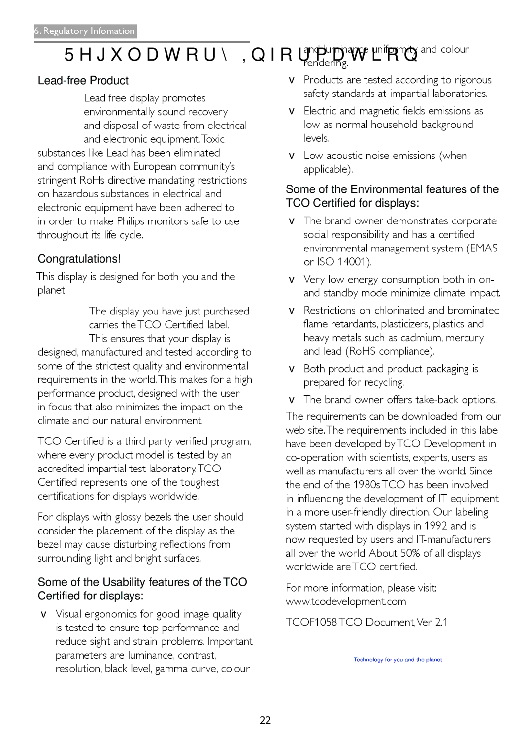 Philips 227E4LSB/27 warranty Regulatory Information, Lead-free Product, Luminance uniformity and colour rendering 