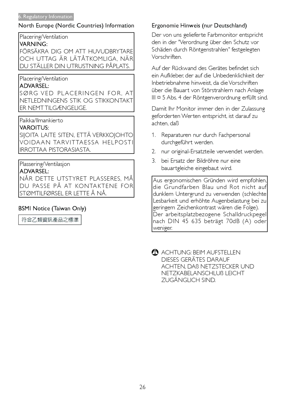 Philips 227E4LSB/27 Paikka/Ilmankierto, Plassering/Ventilasjon, Bsmi Notice Taiwan Only Ergonomie Hinweis nur Deutschland 