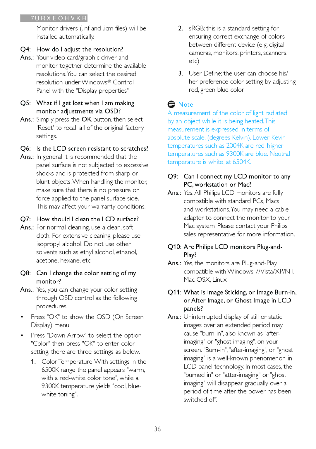 Philips 227E4LSB/27 warranty Q7 How should I clean the LCD surface?, Q10 Are Philips LCD monitors Plug-and- Play? 