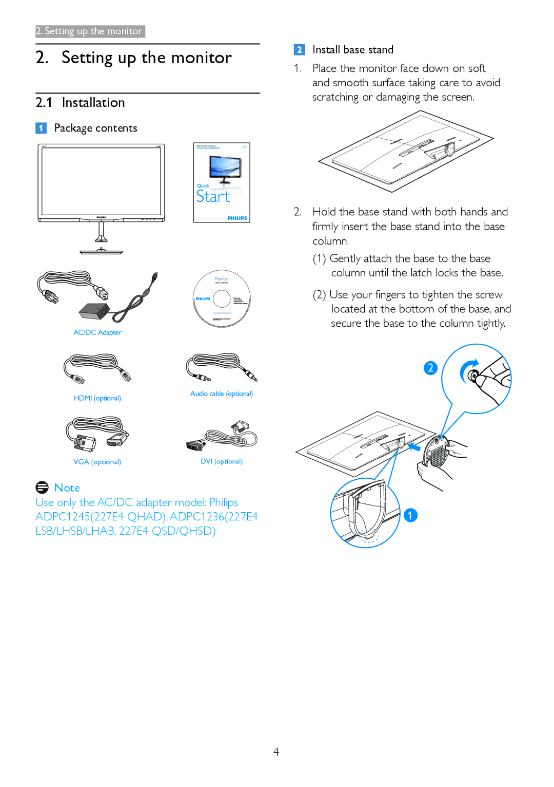 Philips 227E4LSB/27 warranty Setting up the monitor, Installation, Package contents, Install base stand 