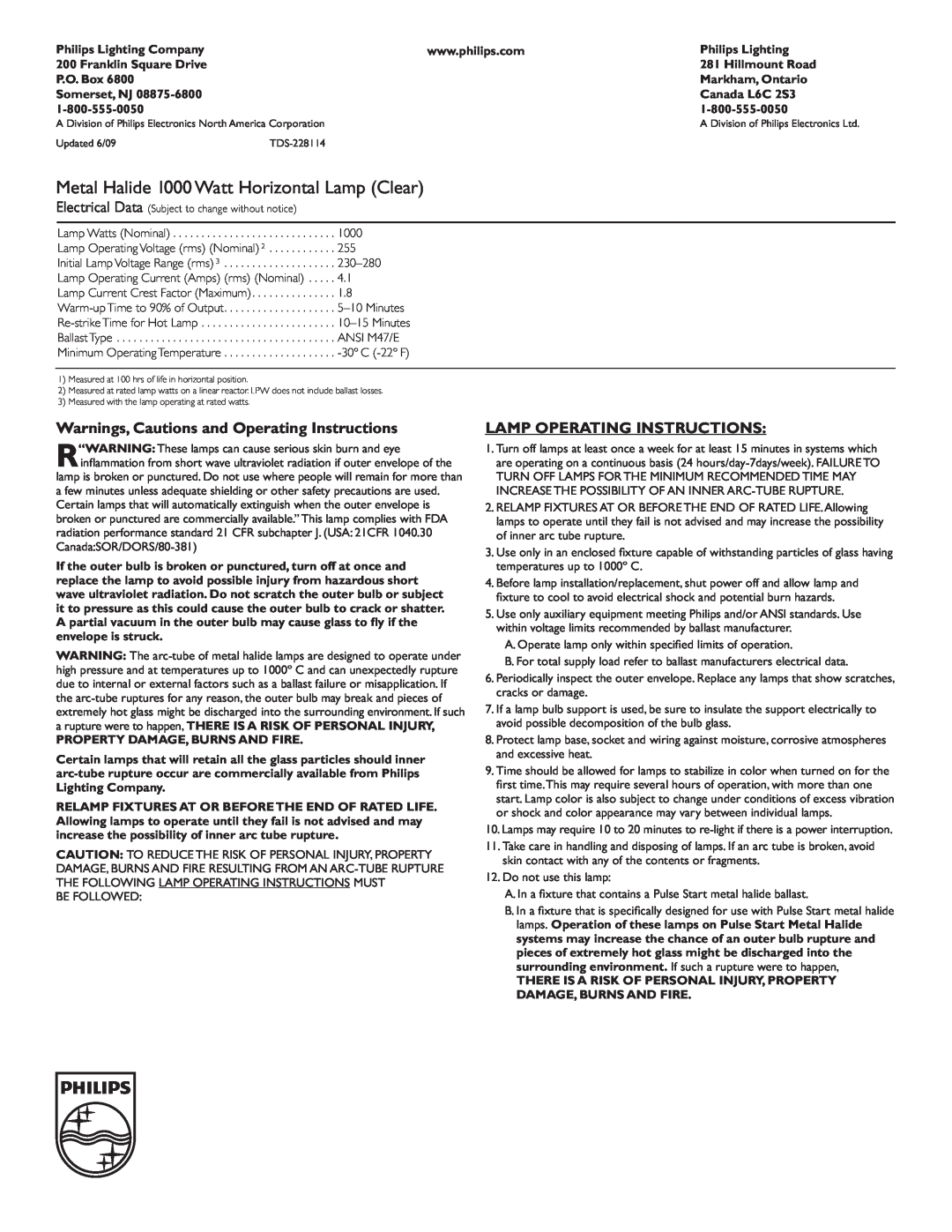 Philips 228114 manual Metal Halide 1000 Watt Horizontal Lamp Clear, Warnings, Cautions and Operating Instructions 