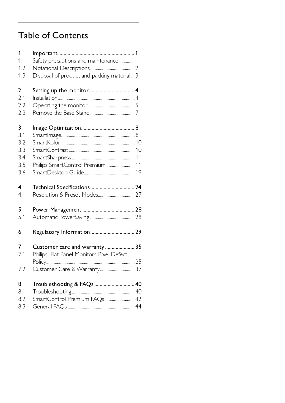 Philips 228C3L user manual Table of Contents 