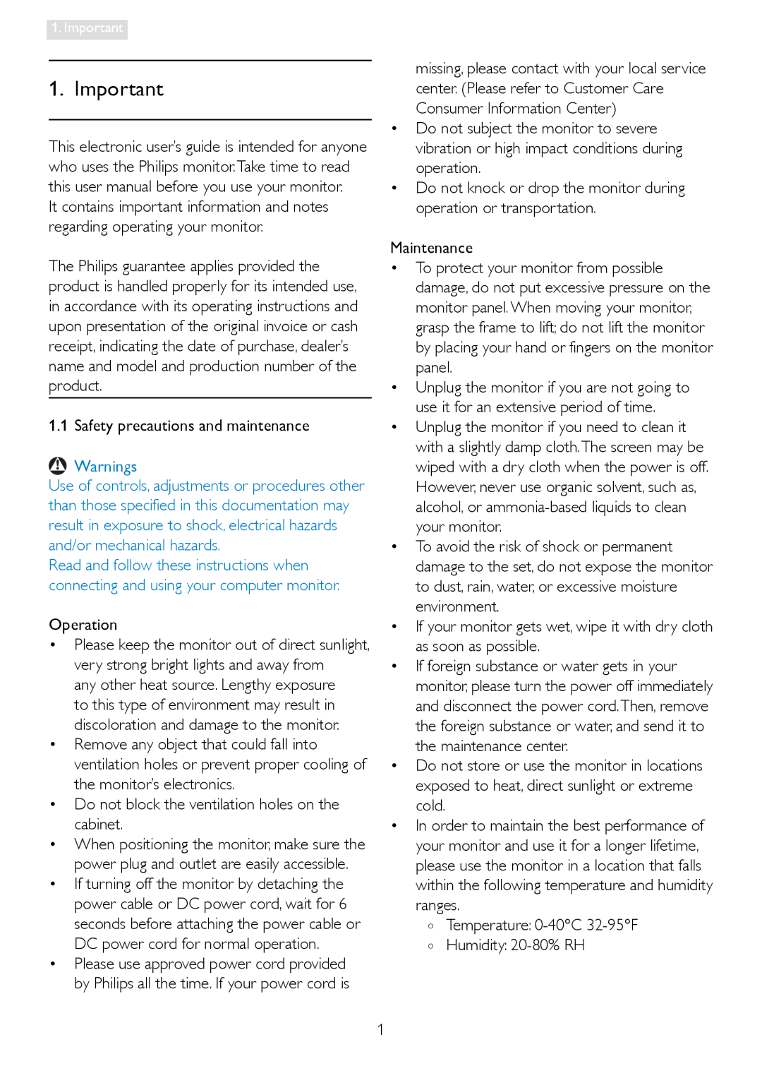 Philips 228C3L user manual Safety precautions and maintenance, Operation, Temperature 0-40C 32-95F Humidity 20-80% RH 