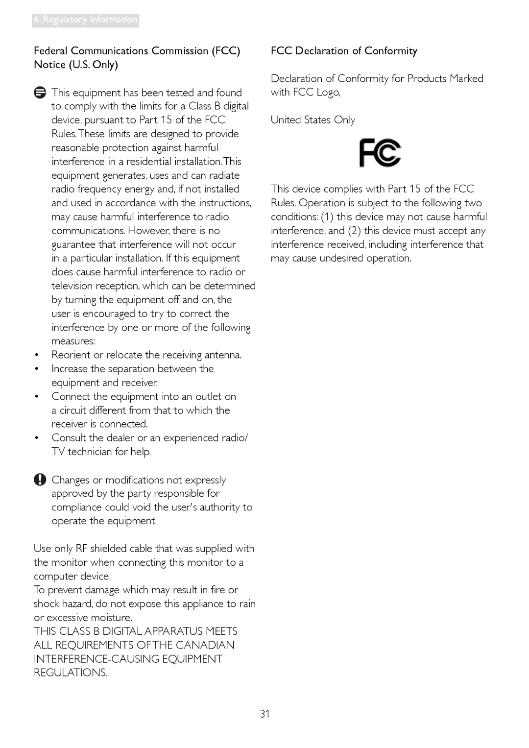 Philips 228C3L Federal Communications Commission FCC Notice U.S. Only, Reorient or relocate the receiving antenna 