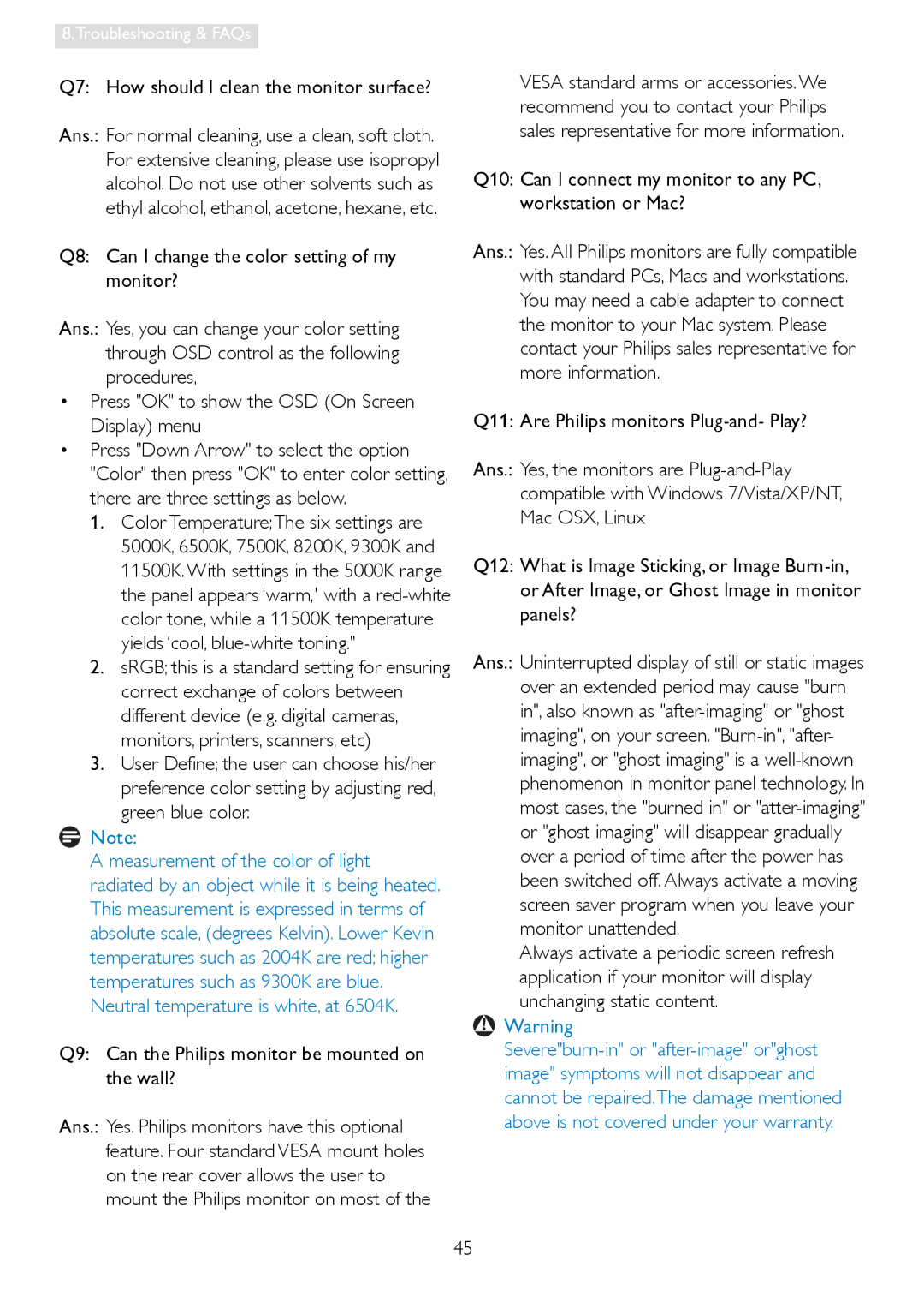 Philips 228C3L user manual Q7 How should I clean the monitor surface?, Q9 Can the Philips monitor be mounted on the wall? 