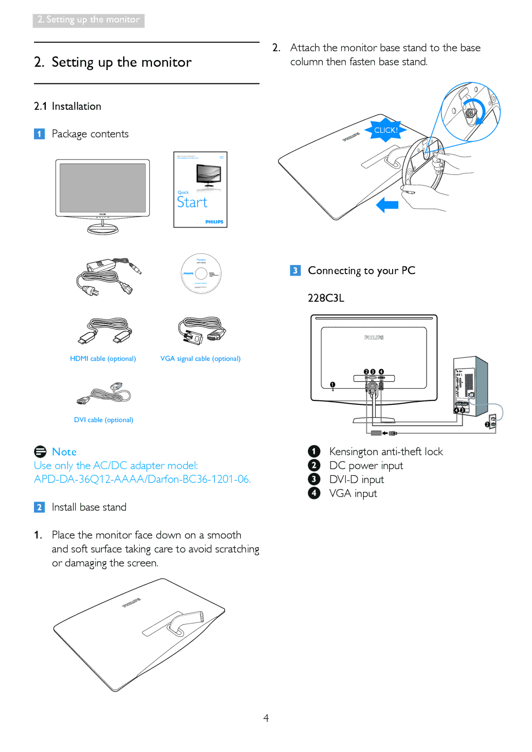 Philips user manual Installation Package contents, Connecting to your PC 228C3L, Install base stand 