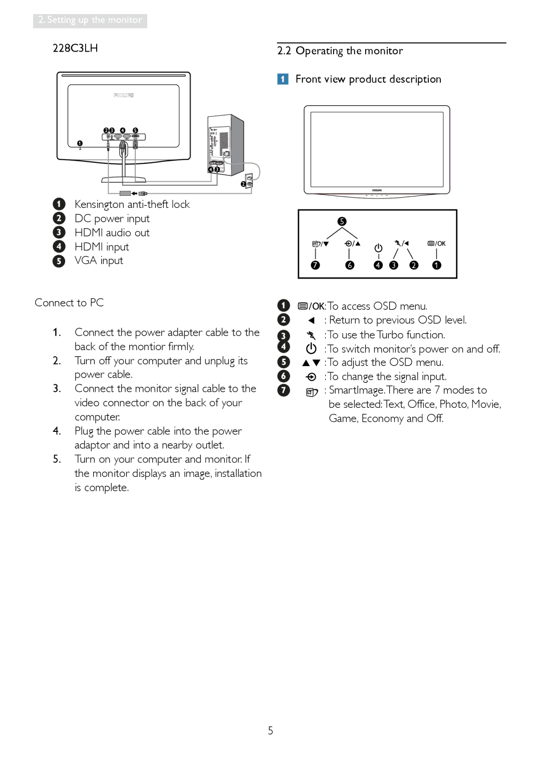 Philips 228C3L user manual Setting up the monitor 