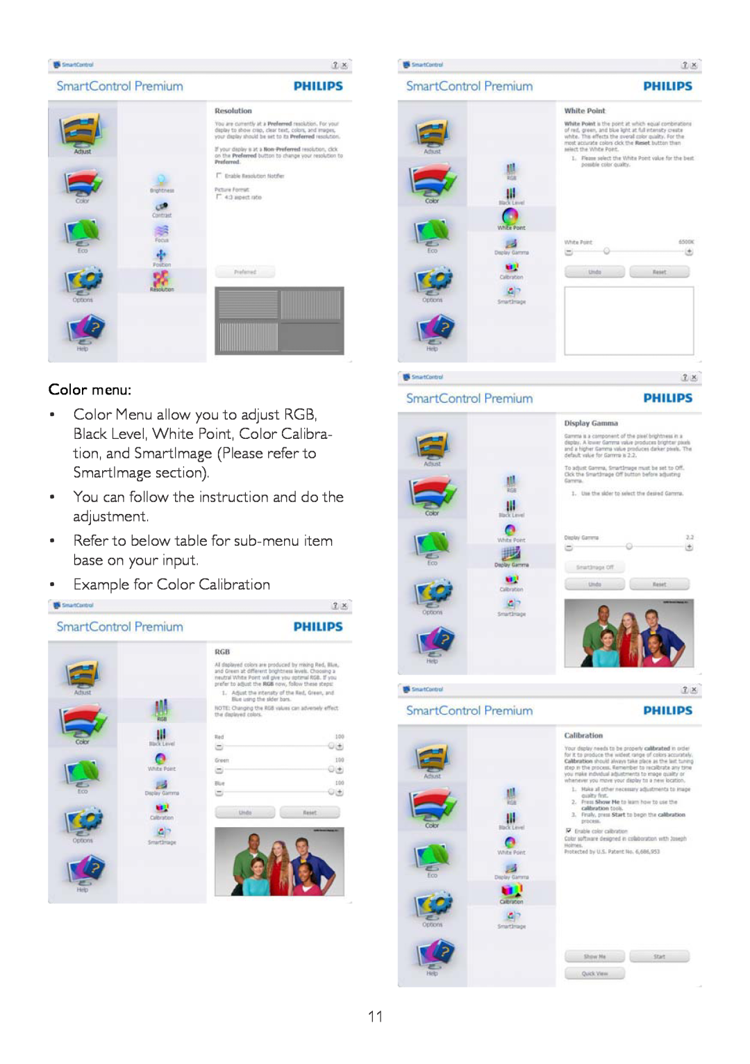 Philips 229CL2 user manual Color menu, Example for Color Calibration 