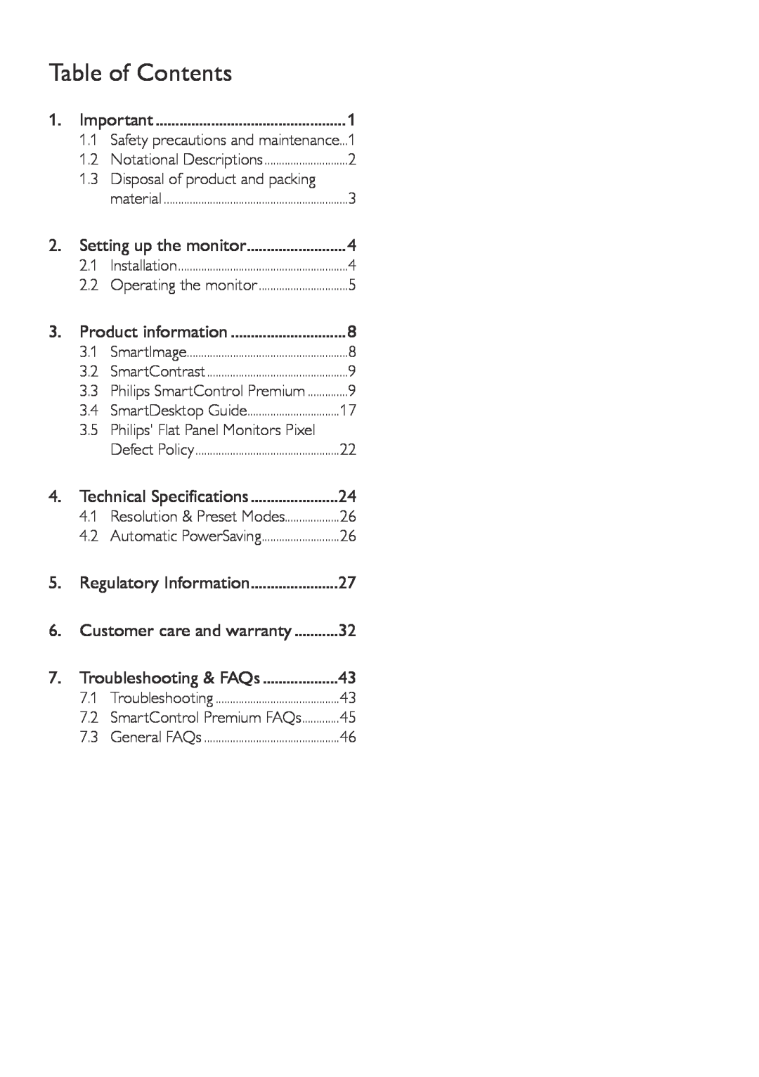 Philips 229CL2 user manual Table of Contents 