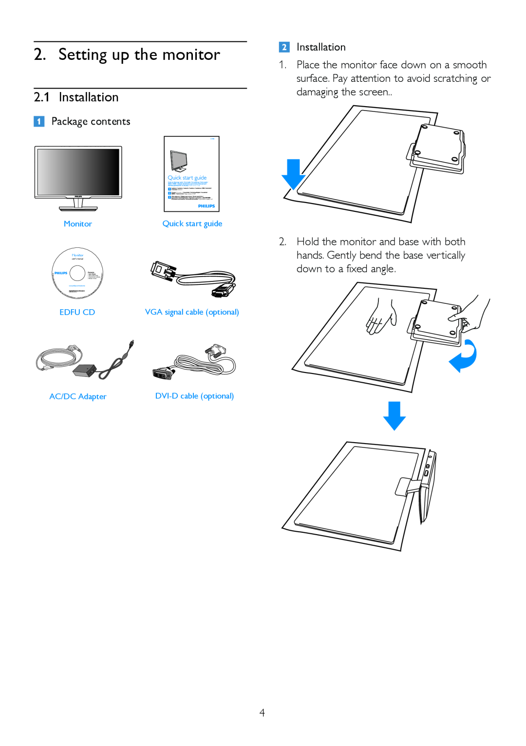 Philips 229CL2 user manual Setting up the monitor, Installation 