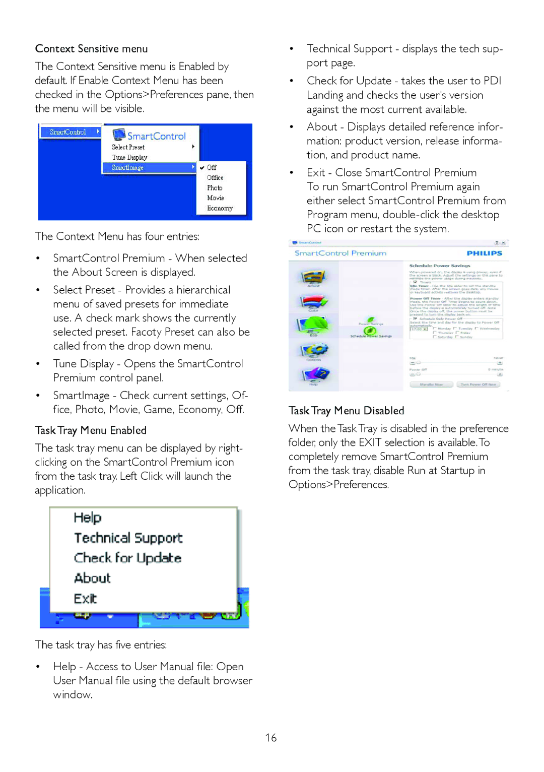 Philips 229CL2 user manual Context Sensitive menu, Context Menu has four entries, Task Tray Menu Disabled 