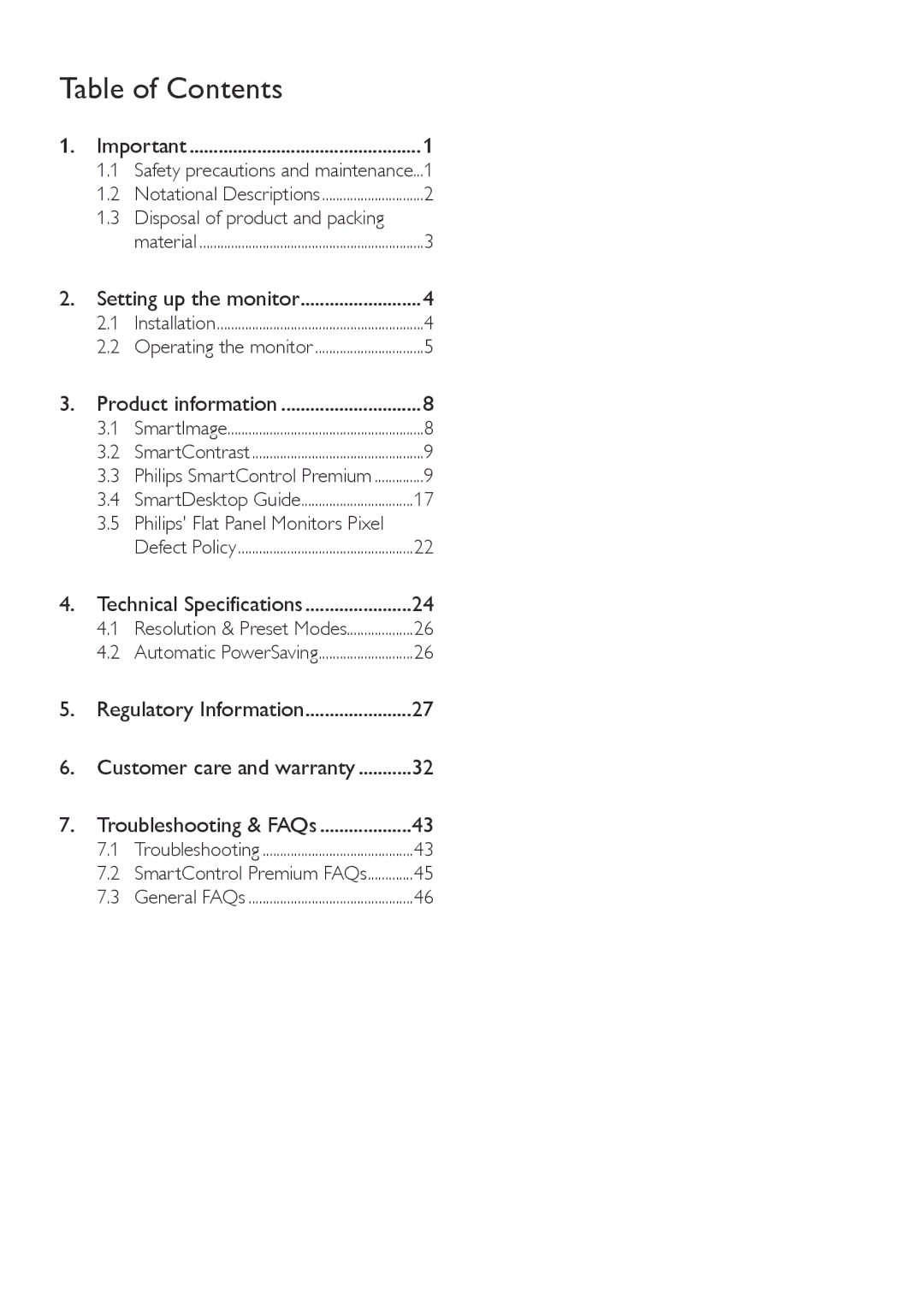 Philips 229CL2 user manual Table of Contents 