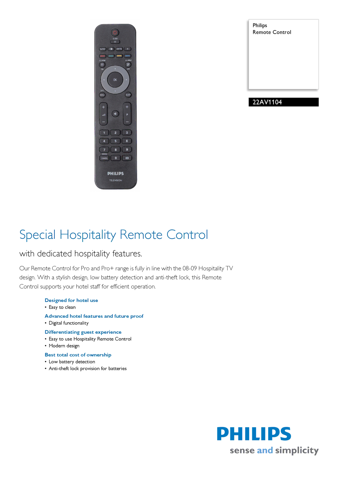 Philips 22AV1104 manual Special Hospitality Remote Control, With dedicated hospitality features 