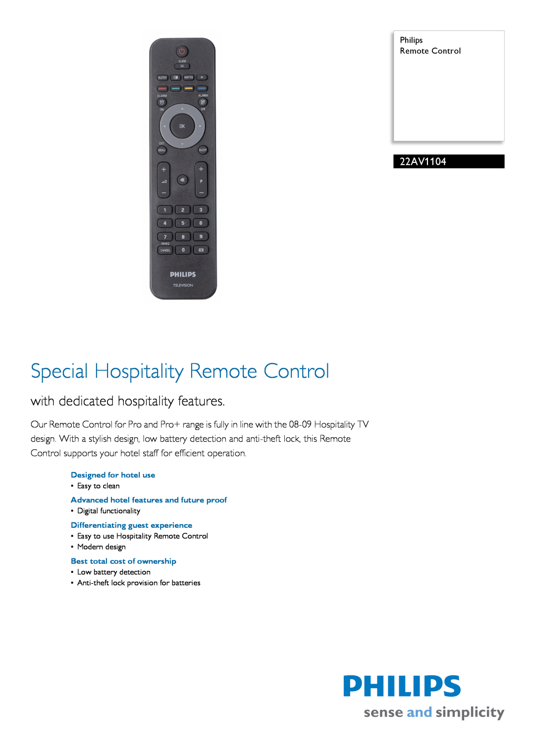 Philips 22AV1104 manual Special Hospitality Remote Control, with dedicated hospitality features 