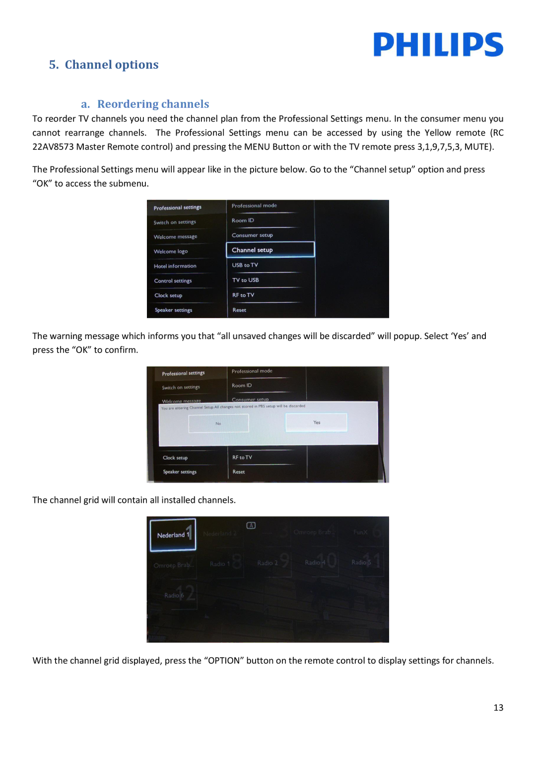 Philips 22HFL30x7x installation manual Channel options, Reordering channels 