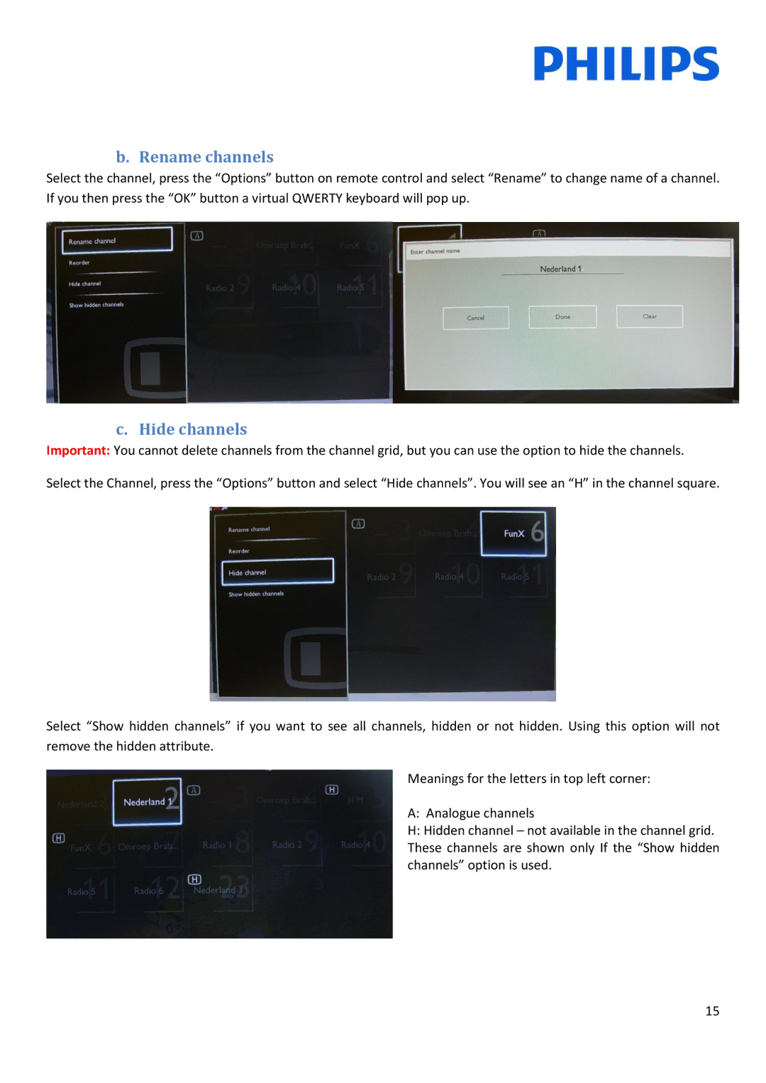 Philips 22HFL30x7x installation manual Rename channels, Hide channels 