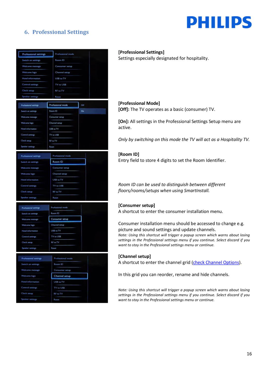 Philips 22HFL30x7x installation manual Professional Settings 