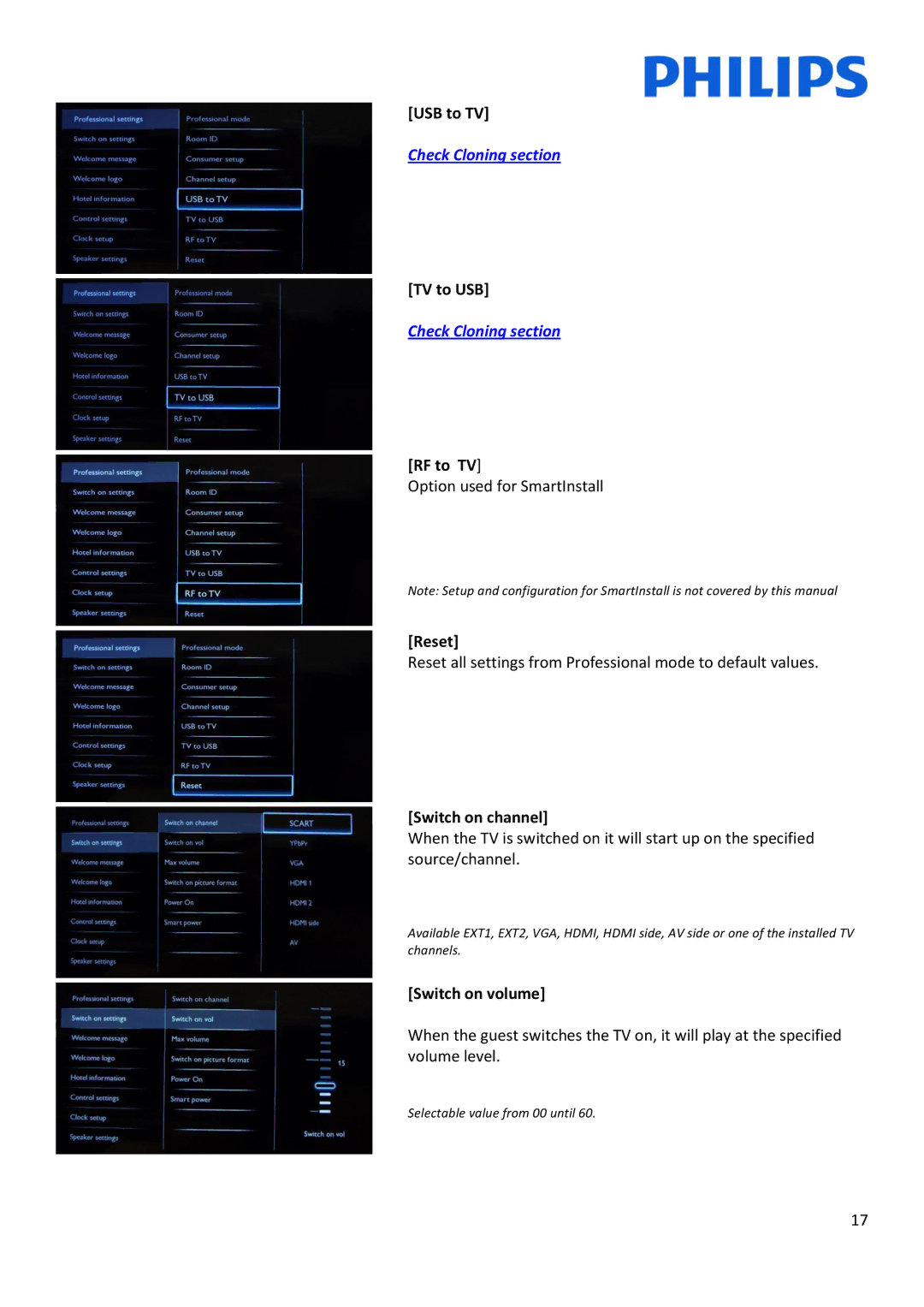 Philips 22HFL30x7x installation manual USB to TV, TV to USB, RF to TV, Reset, Switch on channel, Switch on volume 