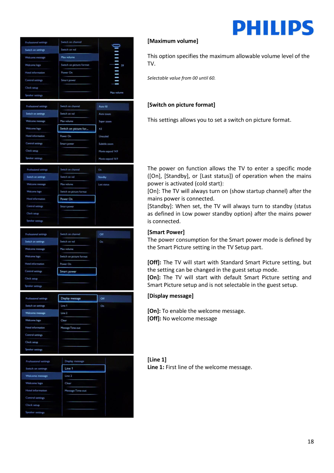 Philips 22HFL30x7x installation manual Maximum volume, Switch on picture format, Smart Power, Display message, Line 
