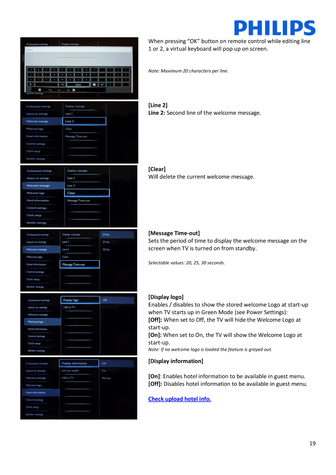 Philips 22HFL30x7x installation manual Clear, Message Time-out, Display logo, Display information 