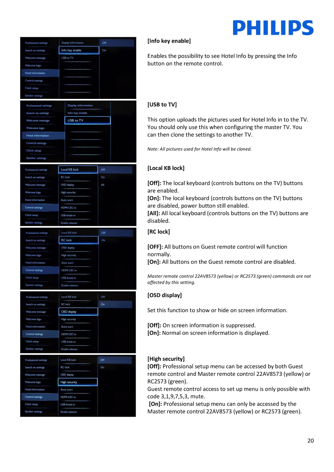 Philips 22HFL30x7x installation manual Info key enable, Local KB lock, RC lock, OSD display, High security 