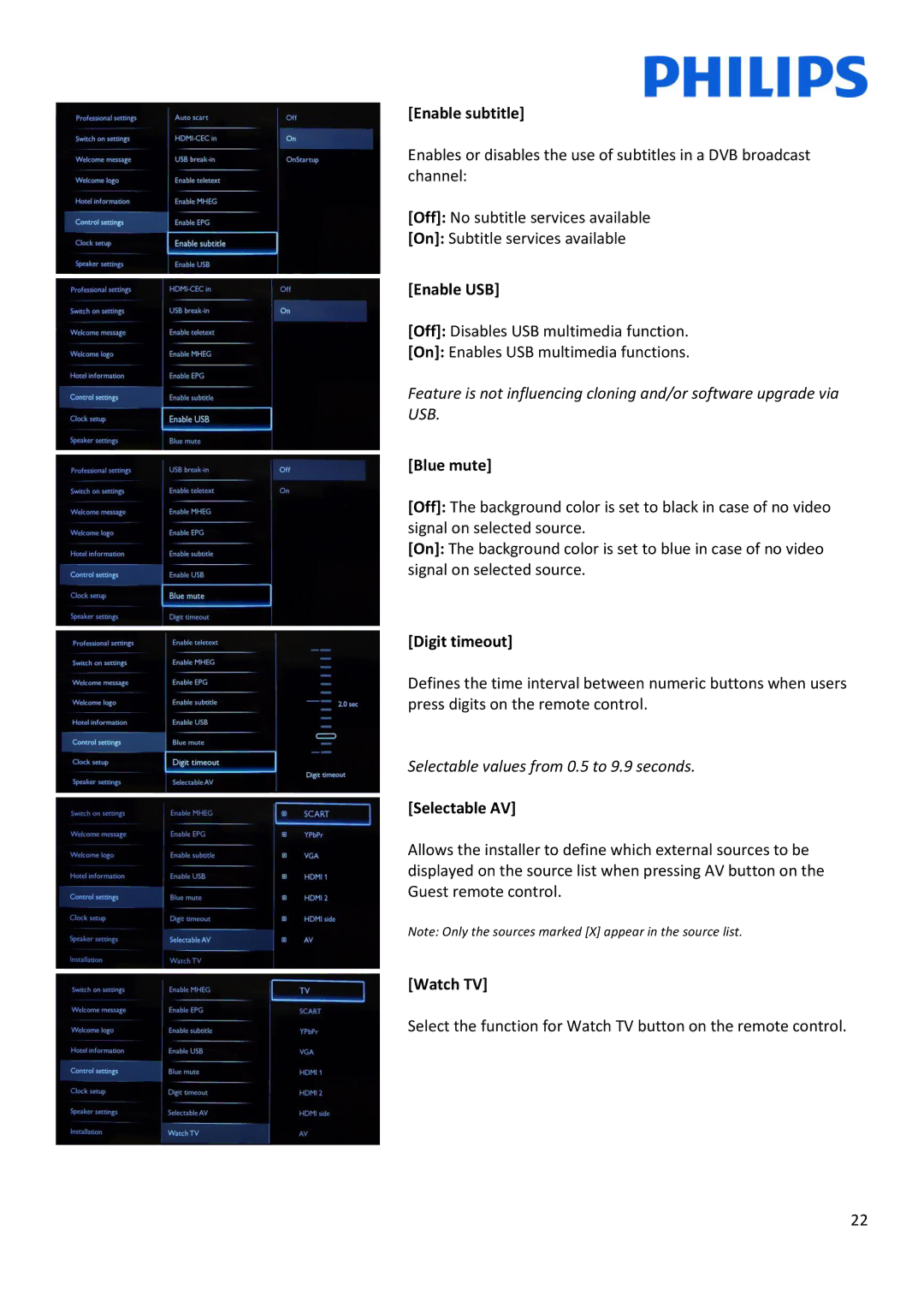 Philips 22HFL30x7x installation manual Enable subtitle, Enable USB, Blue mute, Digit timeout, Selectable AV, Watch TV 