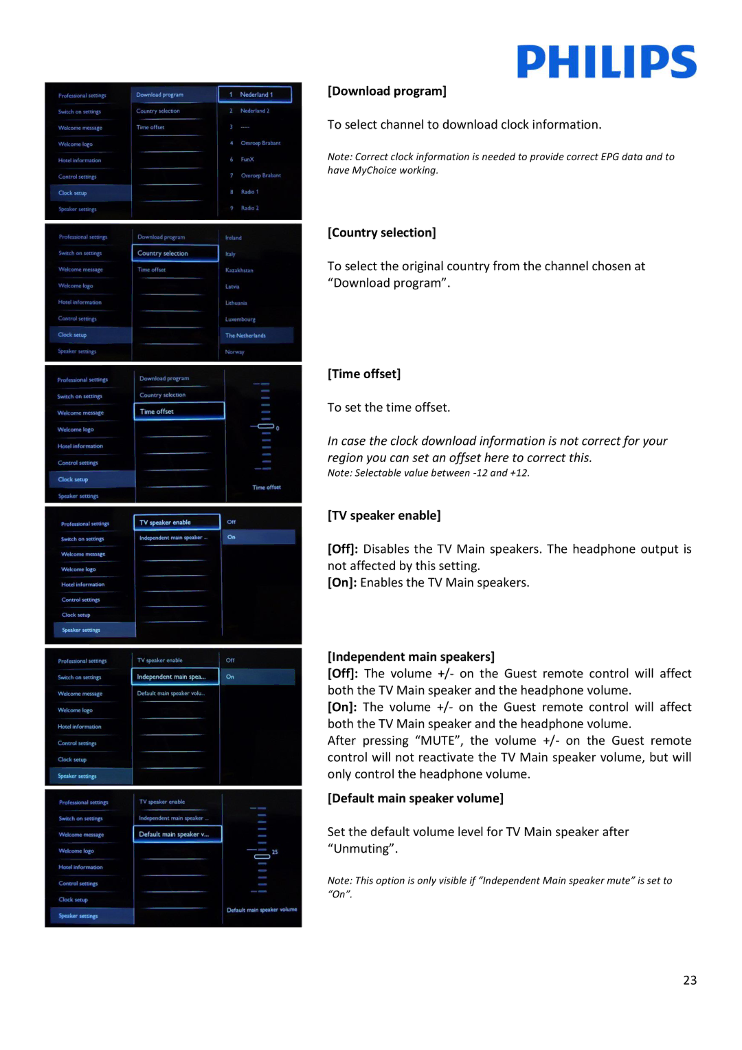 Philips 22HFL30x7x Download program, Country selection, Time offset, TV speaker enable, Independent main speakers 