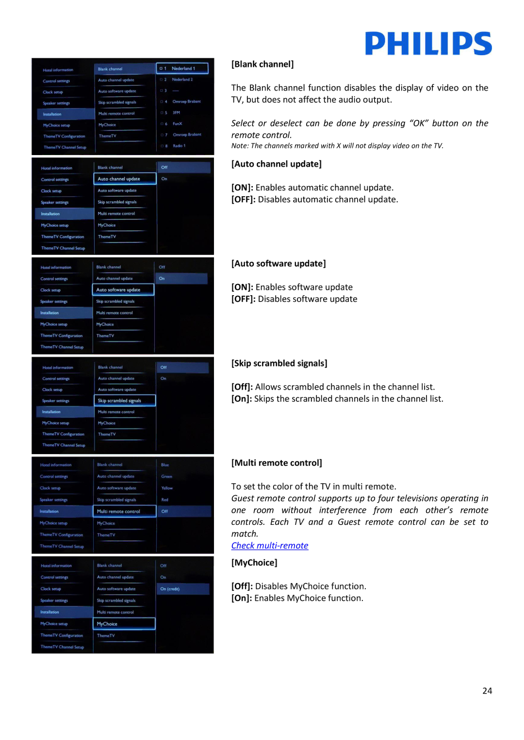 Philips 22HFL30x7x Blank channel, Auto channel update, Auto software update, Skip scrambled signals, Multi remote control 
