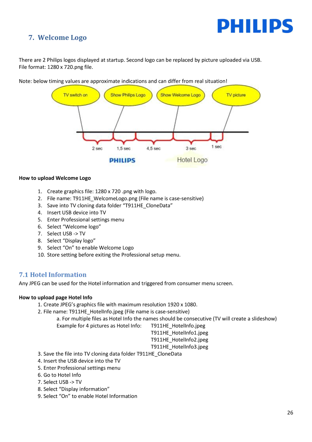 Philips 22HFL30x7x installation manual Hotel Information, How to upload Welcome Logo, How to upload page Hotel Info 